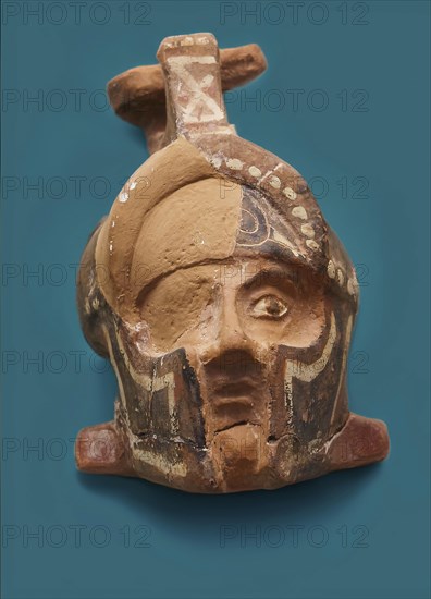 Vase in the shape of a helmeted head, motif cropped, background AI generated, old mask in the shape