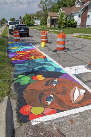 Detroit, Michigan, Artists and students from Noble Elementary-Middle School painted designs on
