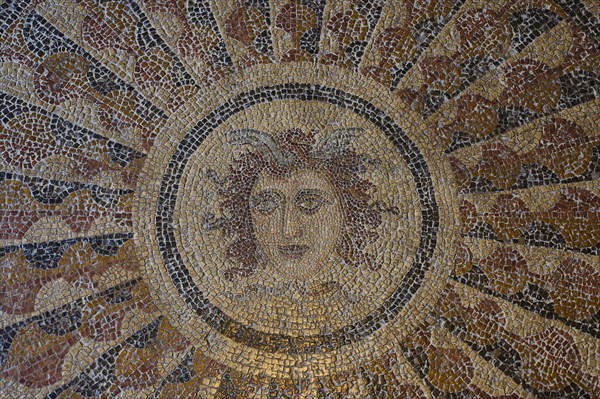 Fine gold-coloured mosaic of a sun face from antiquity, head of Medusa, interior view, Grand