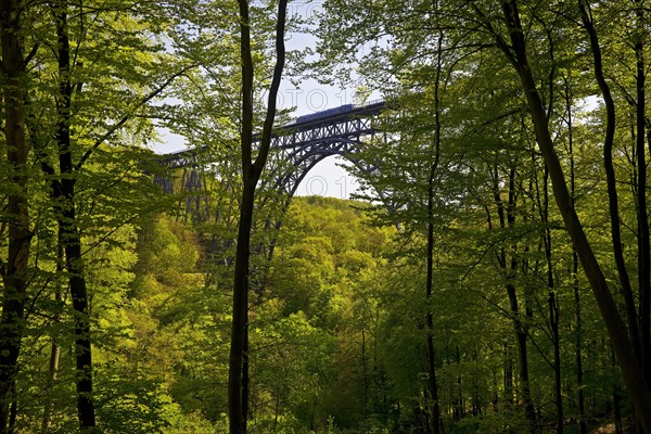 View from the forest to the Muengsten Bridge with railway, the highest railway bridge in Germany