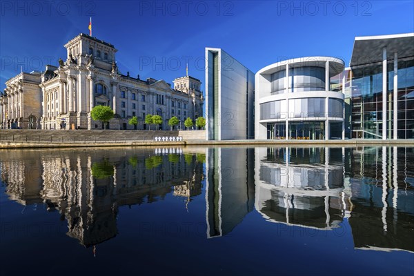 Reichstag, Paul Loebe House reflected in the Spree, Berlin, Germany, Europe