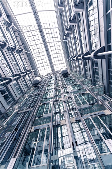 View upwards on a glass facade of a modern office building, Berlin, IHK, Germany, Europe