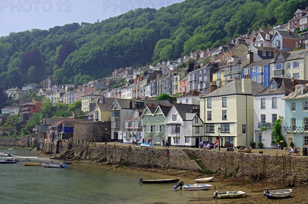 Front of houses stretching up a hilly landscape, boats by the sea, Dartmouth, Devon, Great Britain