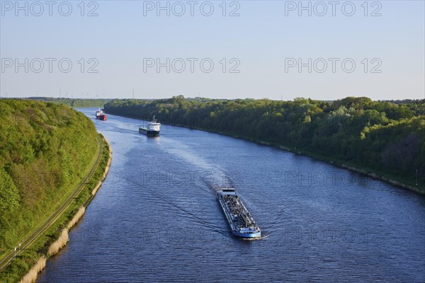 Shipping traffic on the Kiel Canal near Beldorf, Rendsburg-Eckernfoerde district,