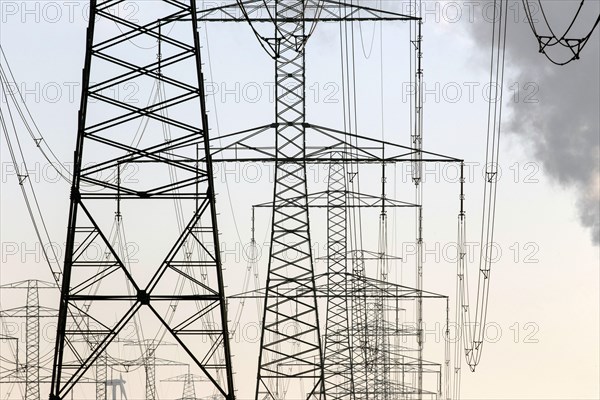 Power lines and pylons on 09 December 2014 in Jaenschwalde, Jaenschwalde, Brandenburg, Germany,