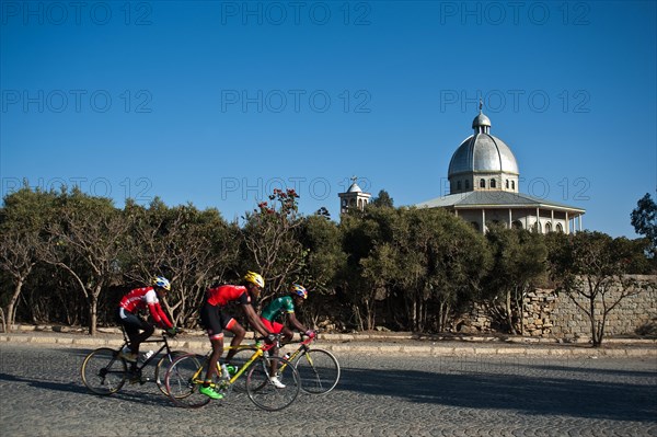 Training session for cyclists, orthodox church in Tigray state, Ethiopia, Africa
