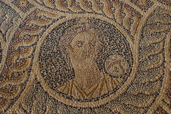 Urania, the muse of astronomy, starry globe, one of the nine muses, mosaic portrait from antiquity
