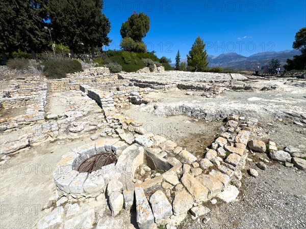 View of upper part of settlement of Phaistos with ancient foundation walls, ground find of ancient