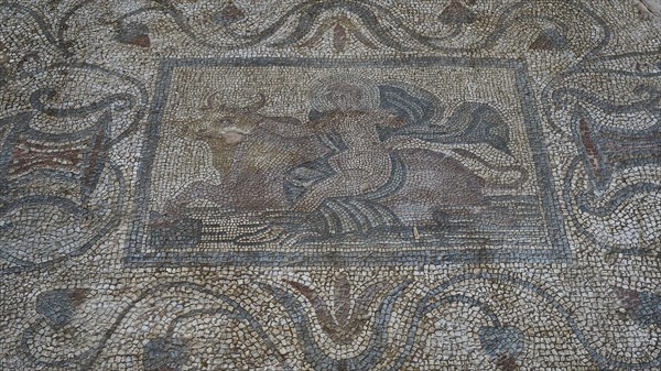 Ancient floor mosaic depicting the abduction of Europa by Zeus in the form of a bull, complex stone