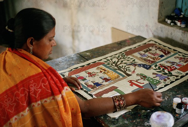 Woman painting Mithila art, working in a handicraft centre, Janakpur, Nepal, Asia