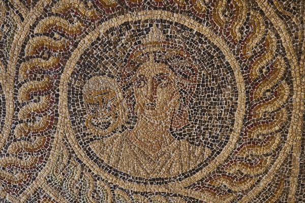 Thaleia, the blossoming muse, the muse of comedy, comic mask, one of the nine muses, antique mosaic