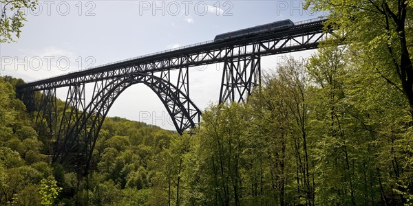 Muengsten Bridge with diesel railcar, highest railway bridge in Germany, Solingen, Bergisches Land,