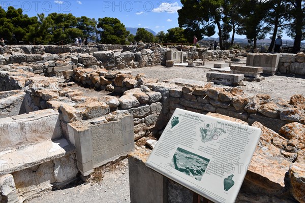 View of east wing complex on hill with foundation walls Ground find of palace of Phaistos