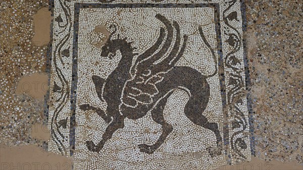 Antique mosaic with a winged mythological horse surrounded by decorative patterns, outdoor area,