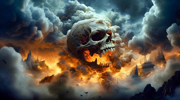 Symbol image for a gas attack during a military conflict of an enemy state, a skull in the midst of