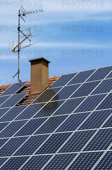 Roof with solar panels, chimney and antenna, Allgaeu, Bavaria, Germany, Europe