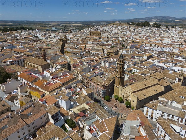 Historic Spanish town with densely packed houses and terracotta-coloured roofs under a sunny sky,