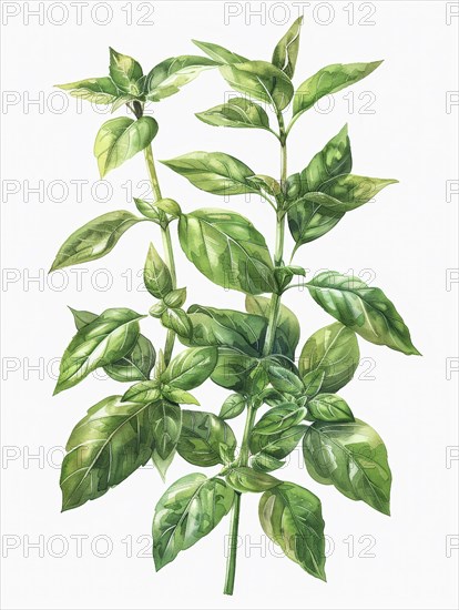 Illustration of a layered green herb plant with multiple stems and leaves, AI generated