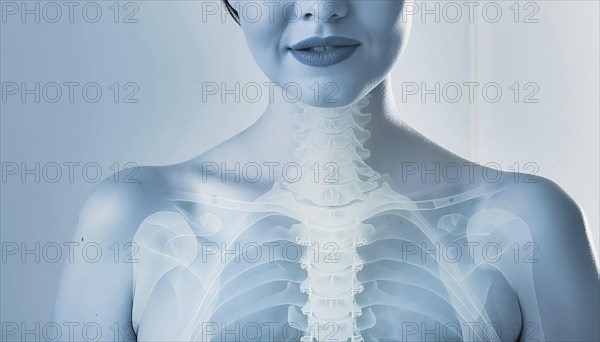 X-ray image of a woman with visible chest and spine against a blue background, AI generated, AI