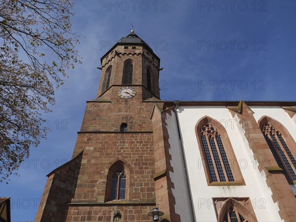 Traditional tower and half-timbered house surrounded by trees under a blue sky, historic