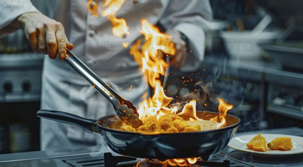 Chef in modern kitchen preparing gourmet meal in upscale restaurant of world cuisine, AI generated