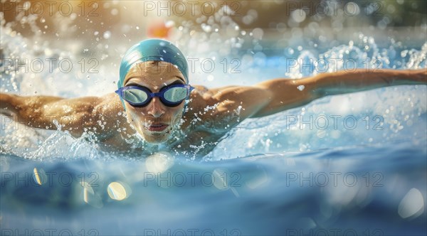 Competitive muscular athlete swim butterfly style in a pool. Concept of leadership and power, AI