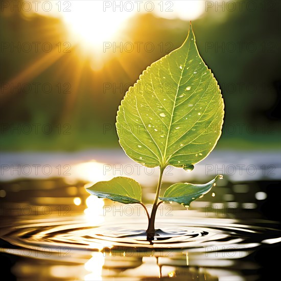 Abstract digital painting embodying sustainability with intertwining leaves glisten with water
