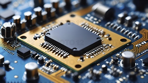 Close-up of a printed circuit board with microchip processor CPU, various electronic components and