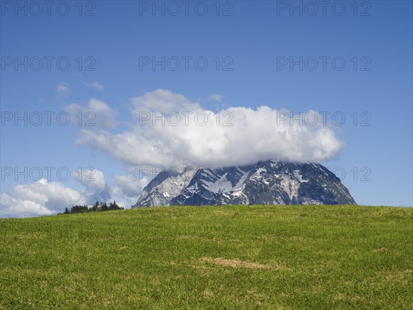 Meadow, clouds over mountain peak, Grimming, near Aigen im Ennstal, Styria, Austria, Europe