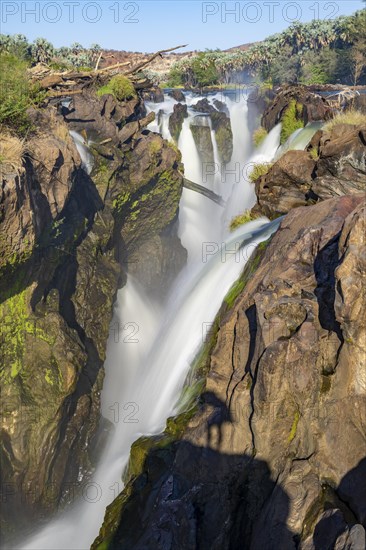 Epupa Falls waterfall on the Kunene River, long exposure, Kunene, Namibia, Africa
