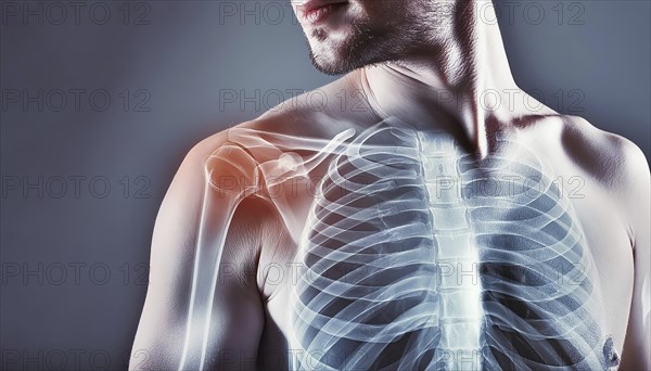 Man with visible skeleton of the shoulder and chest area, AI generated, AI generated