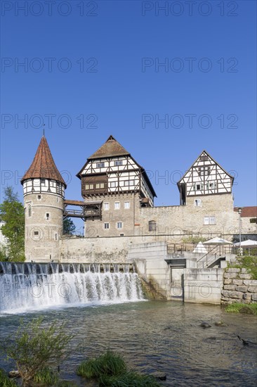 Zollernschloss Balingen on the Eyach, weir, barrage, Balingen, Baden-Wuerttemberg, Germany, Europe