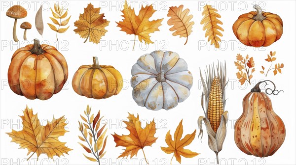 Watercolor illustration of various pumpkins, autumn leaves, corn, and mushrooms in warm fall