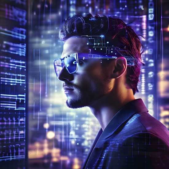 Portrait of a man with data goggles displaying intricate streams of digital information against