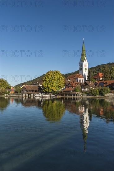 Lakeshore with the parish church of St Martin, Sipplingen, Baden-Wuerttemberg, Germany, Europe