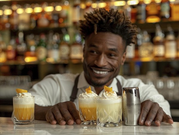 Bartender mixes cocktails in an elegant hotel, AI generated