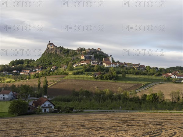 Farmland, Riegersburg Castle in the background, near Riegersburg, Styria, Austria, Europe