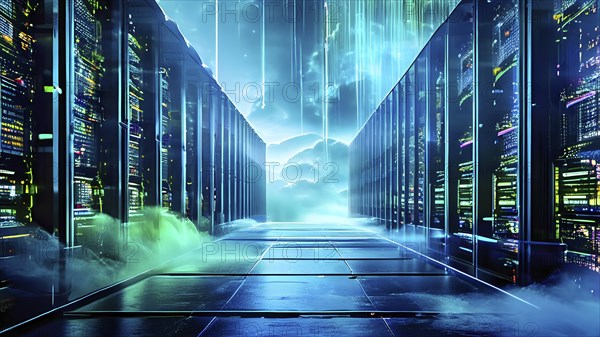 Server racks aligned in rows within a cloud computing data center background and data streams