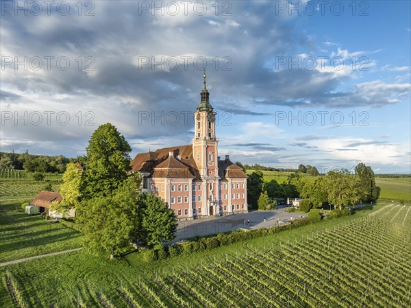 Aerial view of the pilgrimage church Birnau on Lake Constance, Uhldingen-Muehlhofen, Lake Constance