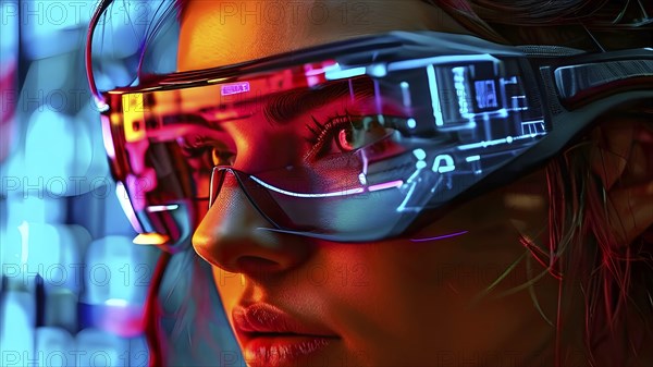 Portrait of a woman with data goggles displaying intricate streams of digital information against