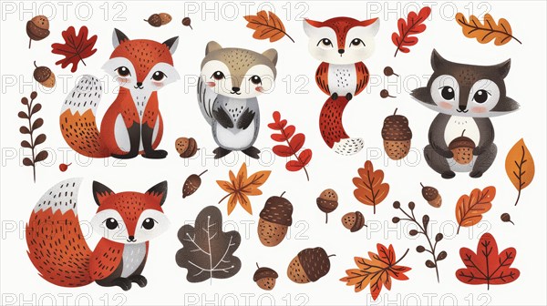 Charming illustration of foxes and a raccoon with acorns and autumn leaves depicting a whimsical