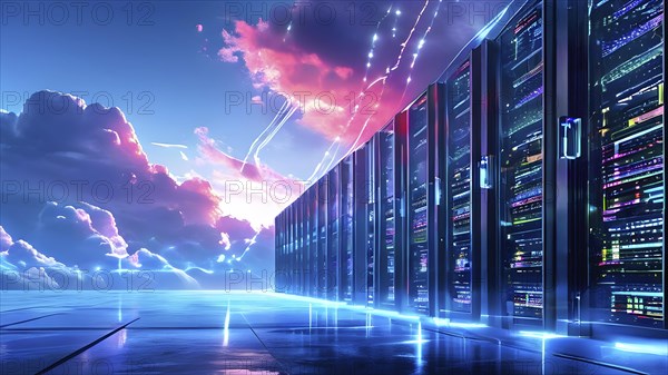 Server racks aligned in rows within a cloud computing data center background and data streams