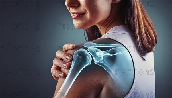 Woman showing her shoulder with superimposed X-ray image, AI generated, AI generated