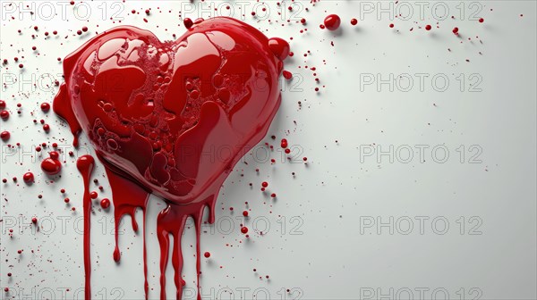 A red heart dripping liquid against a white background, conveying an intense and emotional artistic
