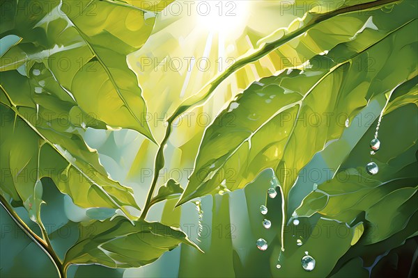 Abstract digital painting embodying sustainability with intertwining leaves glisten with water