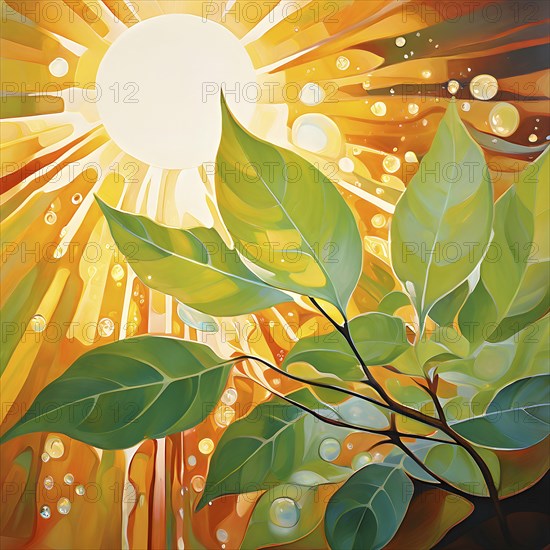 Abstract digital painting embodying sustainability with intertwining leaves glisten with water