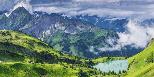Panorama from Zeigersattel to Seealpsee, on the left behind the Hoefats 2259m, Allgaeu Alps,
