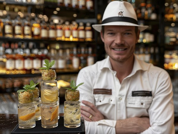 Bartender mixes cocktails in an elegant hotel, AI generated