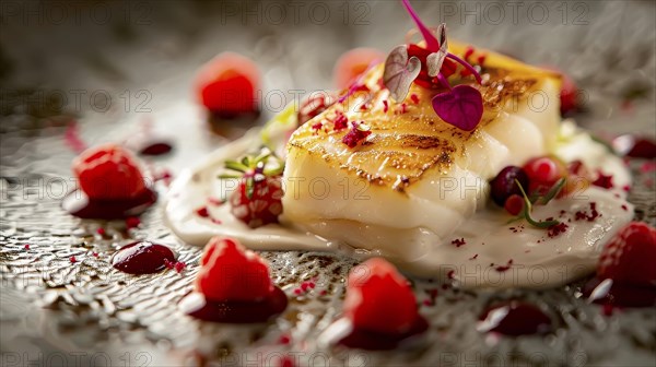 Gourmet fish dish garnished with raspberries and microgreens, served on a bed of cream sauce, AI
