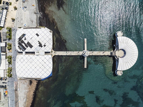 Top Down over Pier in Durres from a drone, Adriatic Sea, Albania, Europe